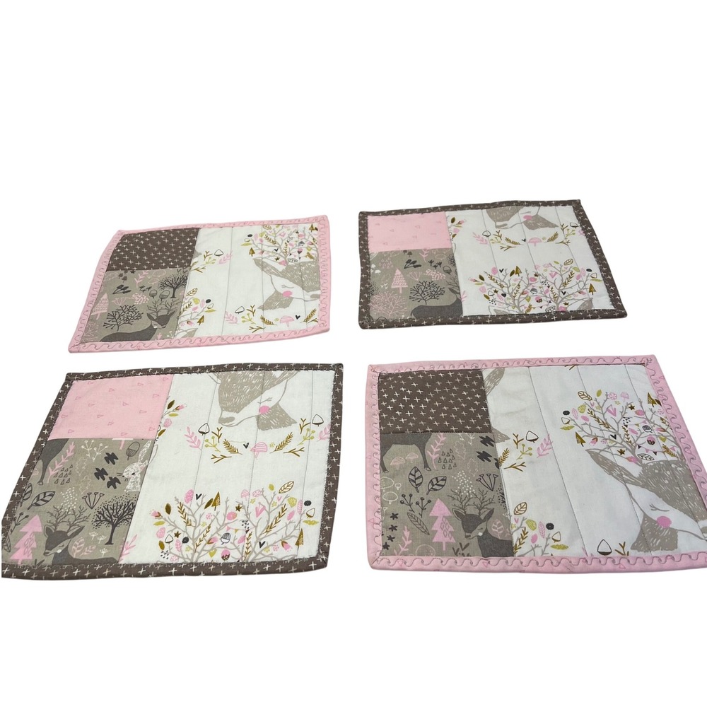 Handmade Woodland Deer Bunny‎ Kids Placemats Set of 4 Pink Brown Reversible 10x8